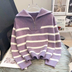 NEVAEH™ - Chic Striped Long Sleeve Collared Top