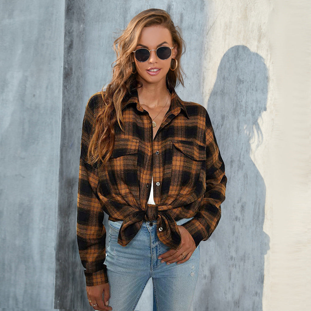 TORI™ - Vintage Plaid Button Down Long Sleeve Blouse